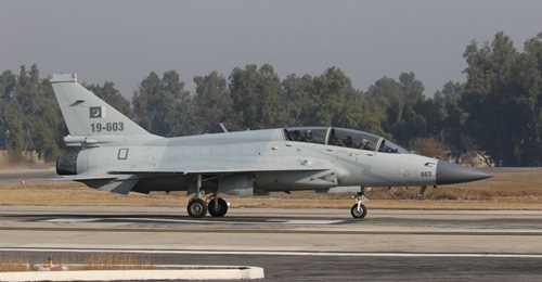 A JF-17B aircraft is pictured taxiing out for a test flight test from PAC Kamra in late January 2020.