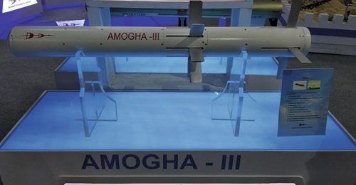 A model of the developmental Amogha-III ATGM displayed at Defexpo 2020