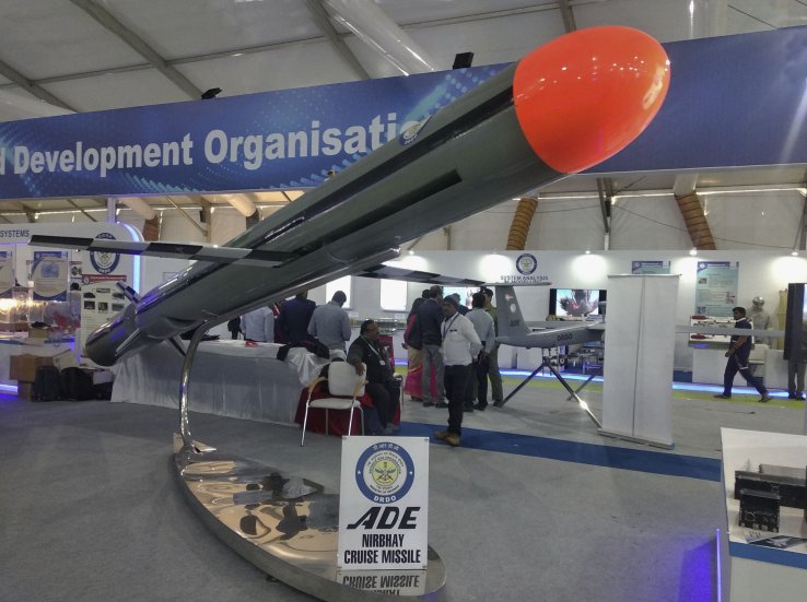 India’s Nirbhay cruise missile, seen here during the 5-9 February Defexpo 2020 exhibition in Lucknow, northern India, is set to be tested in April powered by an indigenous propulsion system. (Jane’s/Rahul Udoshi )