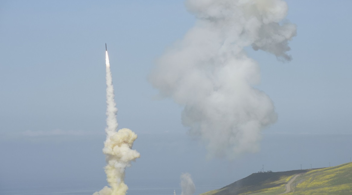 The 'trail' interceptor shown launching from Vandenberg Air Force Base about 50 seconds after the 'lead' interceptor. This was the system's first-ever salvo engagement.