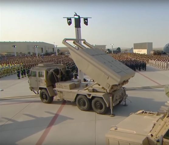 A still from a video released by the UAE’s state WAM news agency shows a Norinco SR5 multiple rocket launcher during the parade at the airbase in Zayed Military City in Abu Dhabi. (WAM)