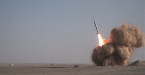 A still photo from Iranian television footage of a Raad-500 being tested.