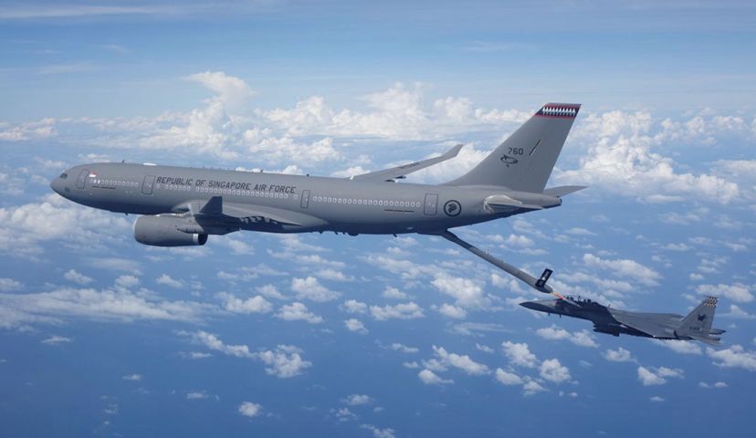 An RSAF A330 MRTT in a refuelling operation with the service's F-15SG fighter. (Airbus)