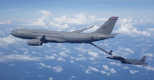 An RSAF A330 MRTT in a refuelling operation with the service's F-15SG fighter.