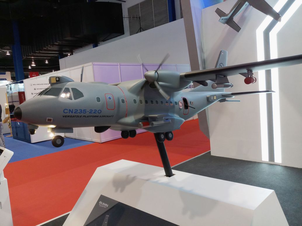 A model of the CN-235 gunship is pictured on display at the Singapore Airshow 2020 exhibition. (Jane’s/Ridzwan Rahmat)