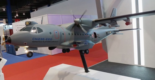 A model of the CN-235 gunship is pictured on display at the Singapore Airshow 2020 exhibition.