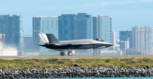 A F-35A, assigned to Luke Air Force Base, Arizona, taxis down the Honolulu Airport runway on 29 January. Newer model F-35As have developed cracking in the outer mold-line coatings and the underlying chine longeron skin after gun use.
