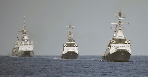 INS 
        
         leads another Sa'ar 5 fitted with the ALPHA radar during Exercise 'Mighty Waves' in August 2019. They are followed by the French frigate 
        
        .