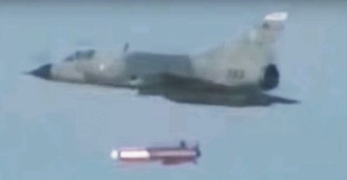 A still from a low-resolution video provided by Pakistan's ISPR showing a PAF Mirage III fighter launching the latest variant of the Ra'ad II ALCM with a range of 600 km.