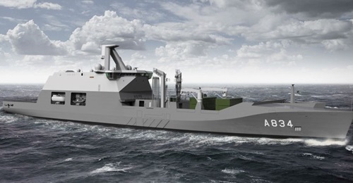 An artist's impression of the new combat support ship, 
        
        to be built by Damen for the RNLN
