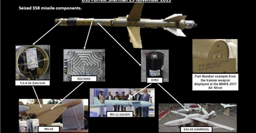 A slide from the CENTCOM briefing shows the components that the 358 surface-to-air missile shares with UAVs that are either made in Iran or with Iranian components.