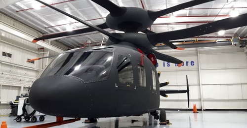 The Sikorsky-Boeing SB>1 Defiant coaxial helicopter on display at Sikorsky's flight facility in West Palm Beach, Florida, on 19 February.