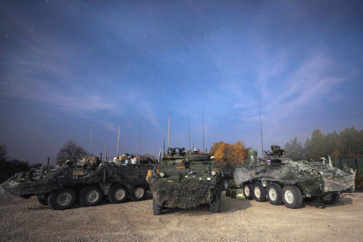 Stryker Infantry Carrier Vehicles make up the tactical action centre for the 2nd Cavalry Regiment during Dragoon Ready in Hohenfels, Germany, in 2018. The US Army is moving out with a new requirement to up-gun its Stryker ICVs with a 30 mm cannon, but companies competing for the contract are dropping out. (US Army)