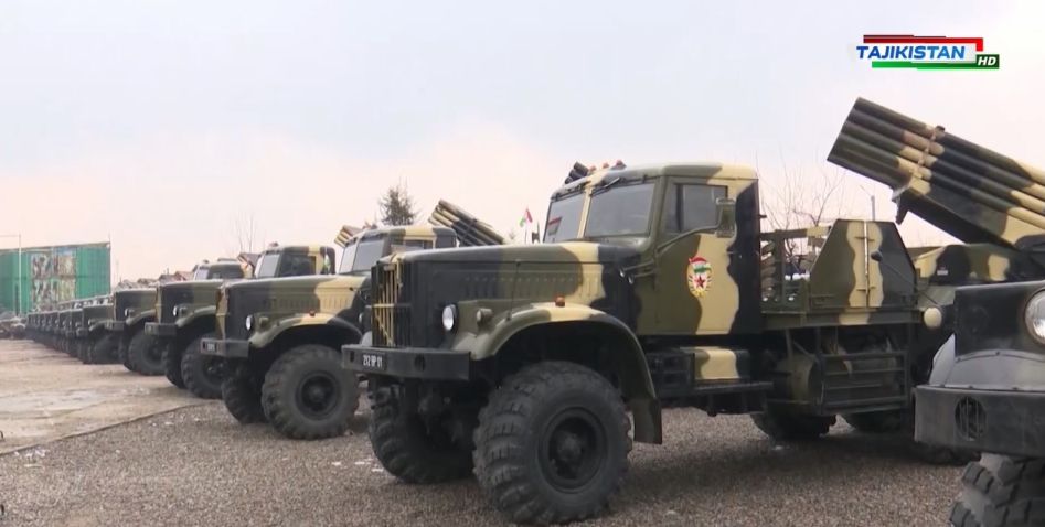 The Tajik military paraded several Soviet/Russian-made systems on 21 February, including BM-21 Grad 122 mm multiple rocket launchers mounted on KrAZ 255 trucks. (Tajikistan Television)