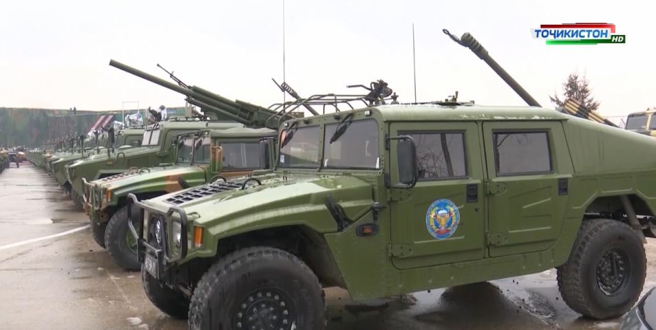 The Tajik military displayed several newly acquired platforms on 21 February, including the EQ2050F vehicle, which is seen here in front of a line of other vehicles that include the CS/SS4 82 mm self-propelled mortar system and the CS/VN3 armoured vehicle. (Tajikistan Television)