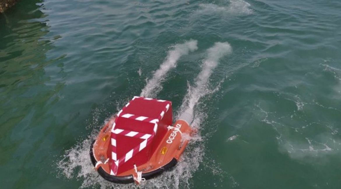 The Dolphin USV seen with a prototype BacPac sea transfer module during recent trials.
