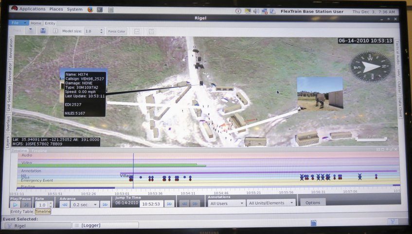 Screenshot of the ORION exercise control and analysis software in the Ravenswood MGTI system, showing exercise activity with live video and entity identification tag. The exercise timeline is along the bottom. (Giles Ebbutt)
