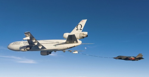 An Omega Air DC-10 (left) refuels an F-35B. The company expects the market for commercial aerial refueling services to grow as the US Air Force wants to reduce its tanker fleet, but an expert warns of high barriers to entry and unpredictable procuremen...
