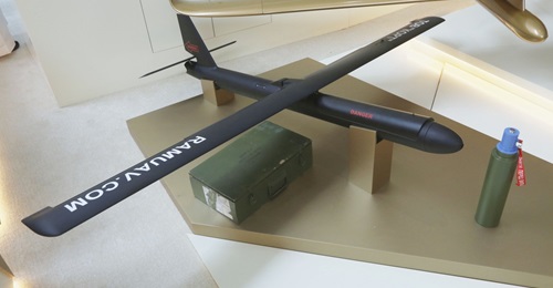 The CDET-developed RAM loitering munition with a modular (interchangeable) warhead (right).