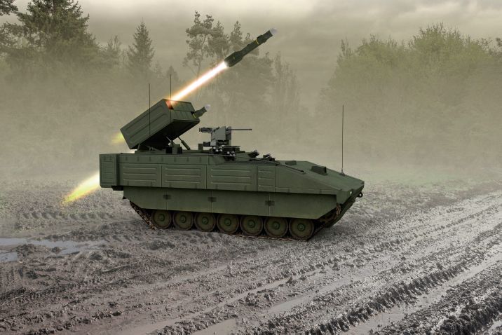 Counter-mass armour concept: Computer-generated image of a cassette of MBDA Brimstone surface-to-surface variant missiles mounted on a British Army Ares tracked reconnaissance support platform. (MBDA)
