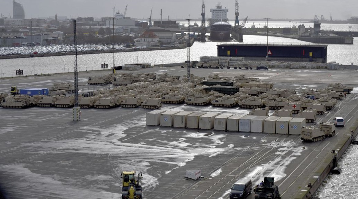 Some of the 3,000 pieces of equipment that were sealifted for 'Defender-Europe 20' being unloaded at Bremerhaven, Germany, on 21 February.