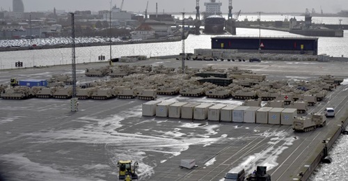 Some of the 3,000 pieces of equipment that were sealifted for 'Defender-Europe 20' being unloaded at Bremerhaven, Germany, on 21 February.