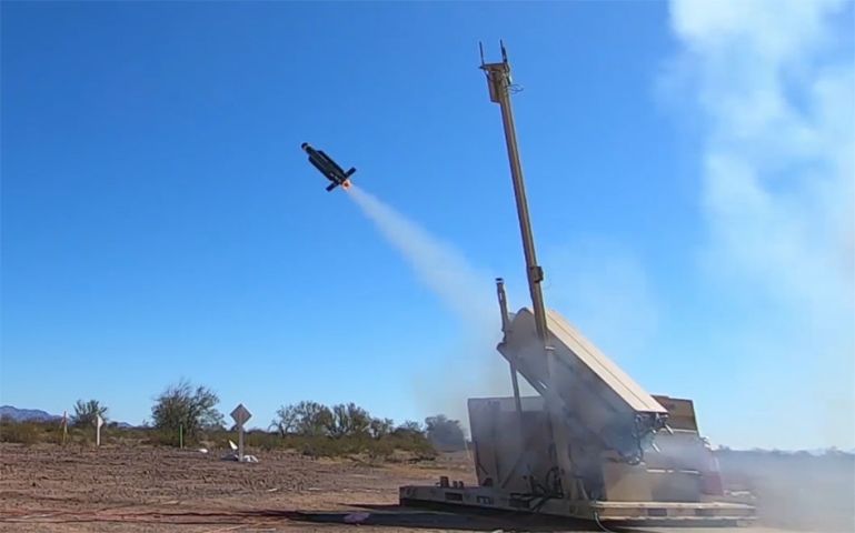 Alternative launch configuration: a Coyote Block 2 is launched from a palletised launcher. Optimised for FOB-type protection missions, the addition of an antenna to this configuration allows multiple launchers to be controlled by a single C2 system (Raytheon)