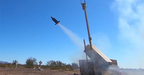 Alternative launch configuration: a Coyote Block 2 is launched from a palletised launcher. Optimised for FOB-type protection missions, the addition of an antenna to this configuration allows multiple launchers to be controlled by a single C2 system
