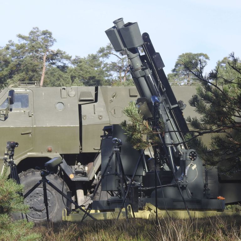 An STK Land Systems 120 mm Super Rapid Advanced Mortar System MK II fitted with the MVR-700 doppler radar for trials in Slovakia. (Weibul Scientific)