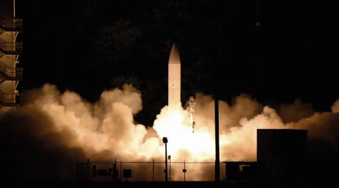 A Common Hypersonic Glide Body (C-HGB) launches from the US Navy's Pacific Missile Range Facility during a Defense Department flight experiment in Kauai, Hawaii, on 19 March.
