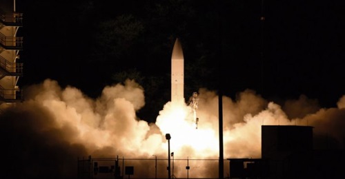 A Common Hypersonic Glide Body (C-HGB) launches from the US Navy's Pacific Missile Range Facility during a Defense Department flight experiment in Kauai, Hawaii, on 19 March.