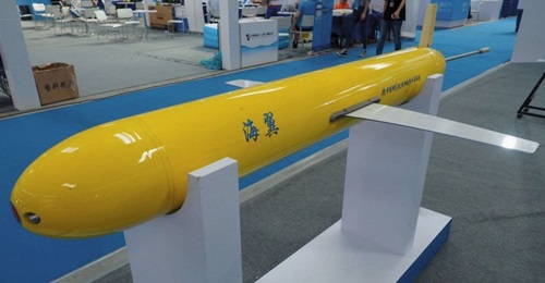 A full-sized Haiyi underwater glider displayed at an ocean science and technology in Qingdao.