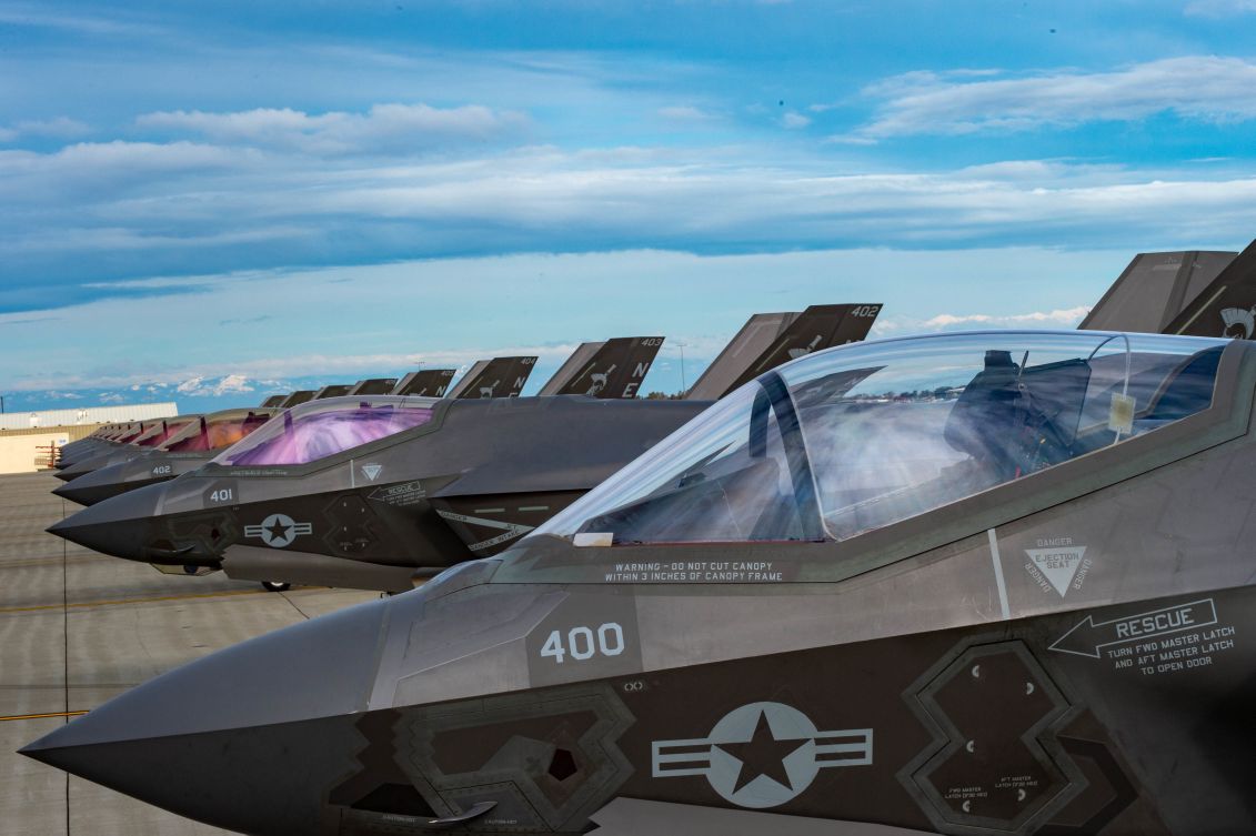 Ten F-35C aircraft sit on the flight line at Naval Air Station Lemoore in California on 28 February 2019. The Pentagon is looking to extend the life expectancy of the F-35’s organic light emitting diode (OLED) helmet-mounted display (HMD) beyond its projected four years to reduce sustainment costs. (US Navy)