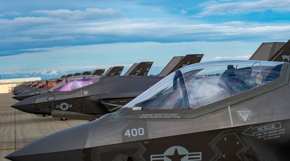 Ten F-35C aircraft sit on the flight line at Naval Air Station Lemoore in California on 28 February 2019. The Pentagon is looking to extend the life expectancy of the F-35's organic light emitting diode (OLED) helmet-mounted display (HMD) beyond its pr...