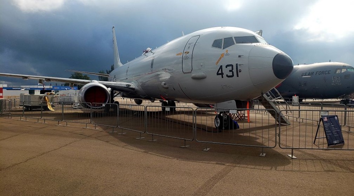 A P-8A assigned to US Navy Patrol Squadron (VP) 10 sits on the flight line at the Singapore Air Show on 11 Feb 2020. Boeing announced that it would suspend production for two weeks at its Seattle, Washington, facilities, including work on the P-8A and ...