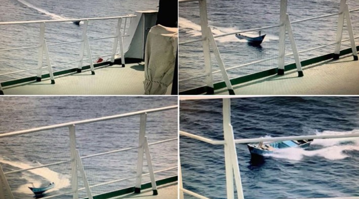 Four images released by the Saudi Press Agency showing the apparent attempted attack. Top left: An armed guard appears to point a rifle towards the first of two approaching skiffs. Bottom left: the skiff turns to run alongside the tanker. Bottom right:...