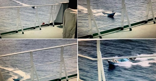 Four images released by the Saudi Press Agency showing the apparent attempted attack. Top left: An armed guard appears to point a rifle towards the first of two approaching skiffs. Bottom left: the skiff turns to run alongside the tanker. Bottom right:...