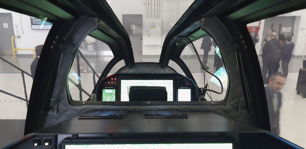 View from the back seat of Bell's 360 Invictus mockup at the company's Dallas-Fort Worth facility in January 2020. The aircraft was selected to move forward with the US Army's FARA-CP effort. (Janes/Pat Host)