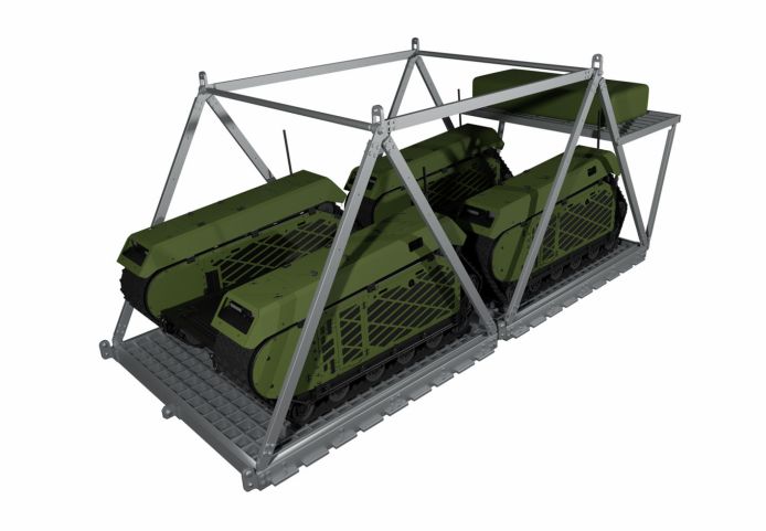 Conceptual illustration of the ATAX airdrop system with two THeMIS unmanned ground vehicles. (Milrem Robotics)