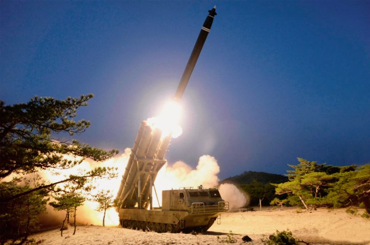 North Korea test fired on 29 March two SRBMs from what appeared to be the same large-calibre multiple-launch guided rocket system it had tested on 31 July and 2 August 2019. (Via Rodong Sinmun)