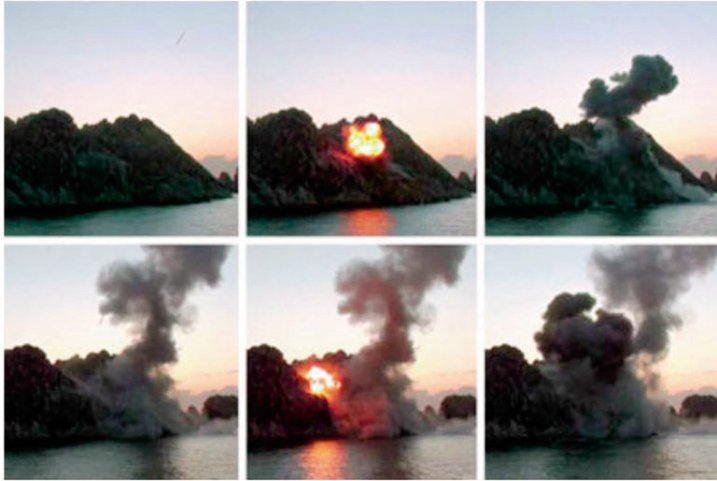 
        The
        Rodong Sinmun
        newspaper released images of an islet being struck by what appears to be one of the SRBMs: a move apparently intended to demonstrate that the weapons had hit their intended target.
       (Via Rodong Sinmun)