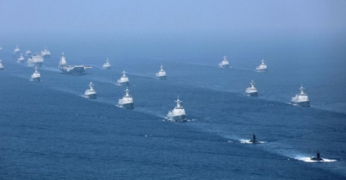 Some of almost 50 ships assembled for a PLAN fleet review held in April 2018.