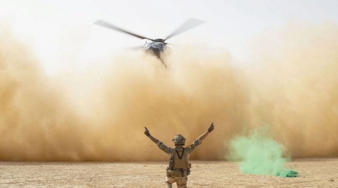An NH90 helicopter lands to pick up soldiers during Operation 'Monclar' that French and Malian forces carried out in Mali's Liptako region from 3-23 March.