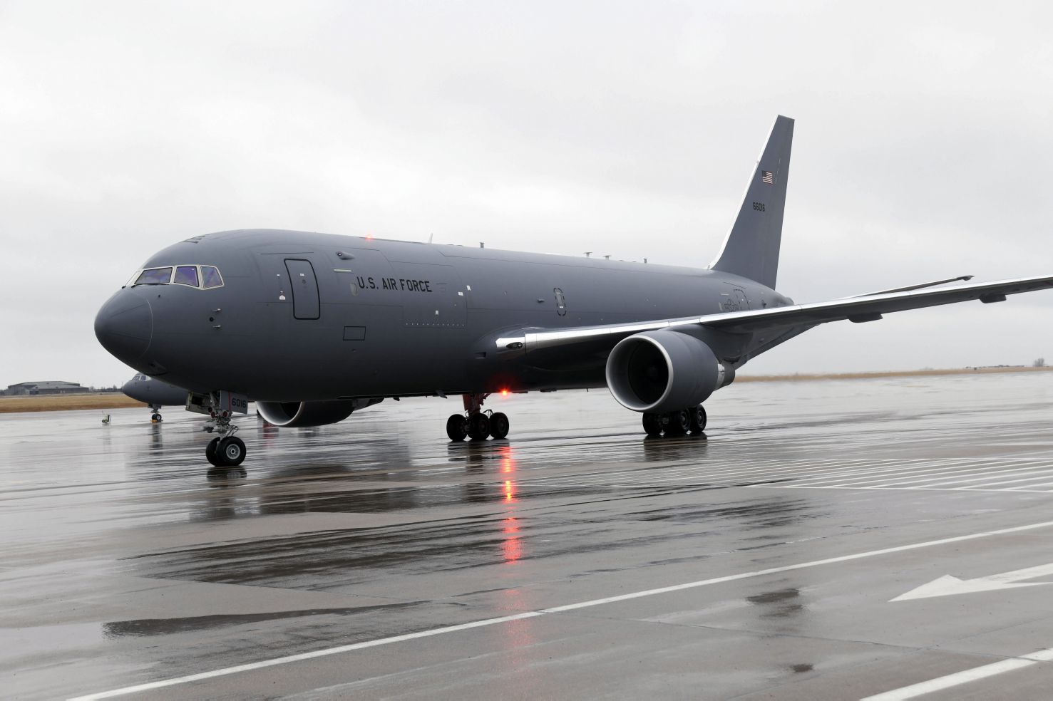 A KC-46A Pegasus arrives at McConnell Air Force Base, Kansas, on 10 January 2020. Leaky ‘U Cup’ seals are causing the KC-46A’s fuel system to leak between its protection barriers. (US Air Force)