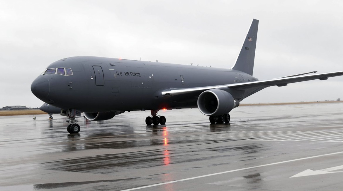 A KC-46A Pegasus arrives at McConnell Air Force Base, Kansas, on 10 January 2020. Leaky 'U Cup' seals are causing the KC-46A's fuel system to leak between its protection barriers.
