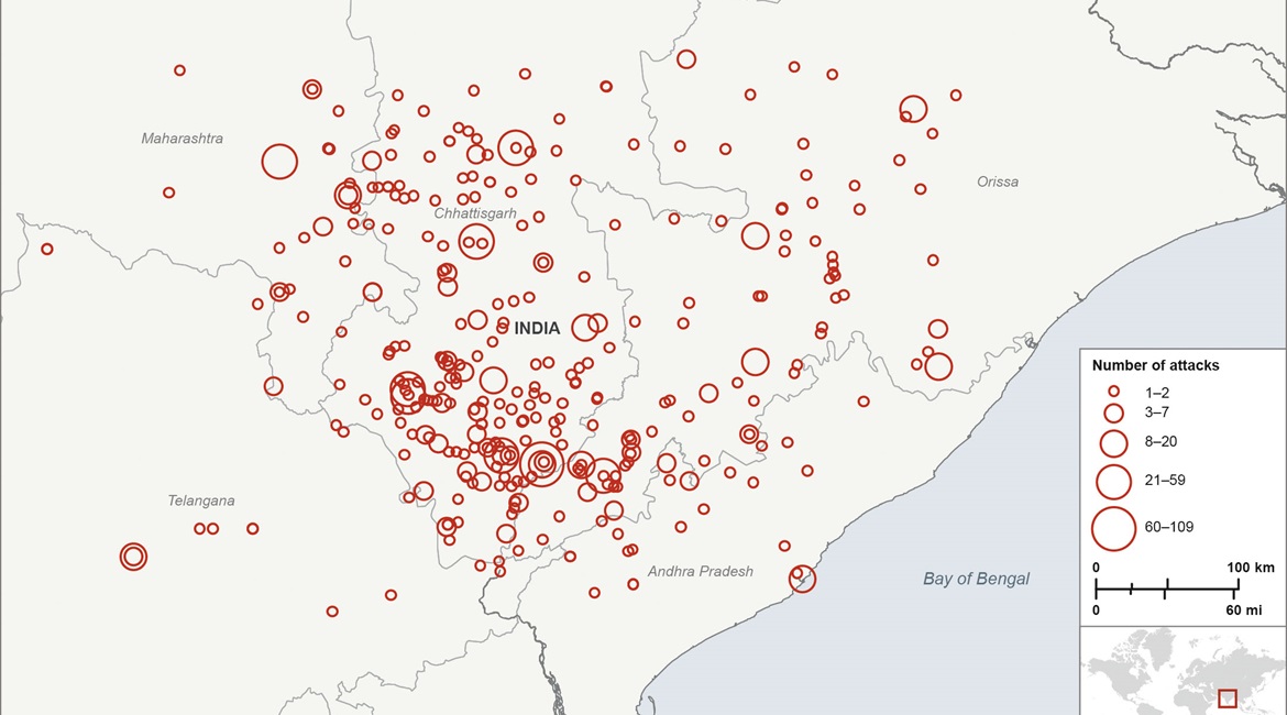 This map shows the concentration of CPI-M attacks around southern Chhattisgarh state