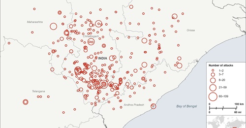 This map shows the concentration of CPI-M attacks around southern Chhattisgarh state