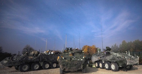 Stryker Infantry Carrier Vehicles make up the tactical action centre for the 2nd Cavalry Regiment during Dragoon Ready in Hohenfels, Germany, in 2018. The US Army is moving out with a new requirement to up-gun its Stryker ICVs with a 30 mm cannon, but ...