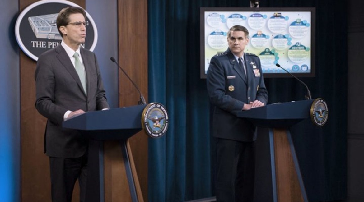 Department of Defense Chief Information Officer Dana Deasy and US Air Force Lieutenant General B J Shwedo, Joint Staff chief information officer, hold a 13 April briefing at the Pentagon on cyber-security efforts during coronavirus disease mitigation o...