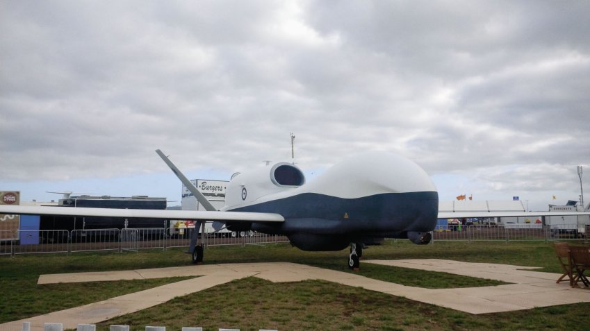A mockup of the Northrop Grumman MQ-4C Triton UAV in RAAF colours at Avalon 2015. Australia plans to field six such vehicles by 2025. (Jane’s/Gareth Jennings)
